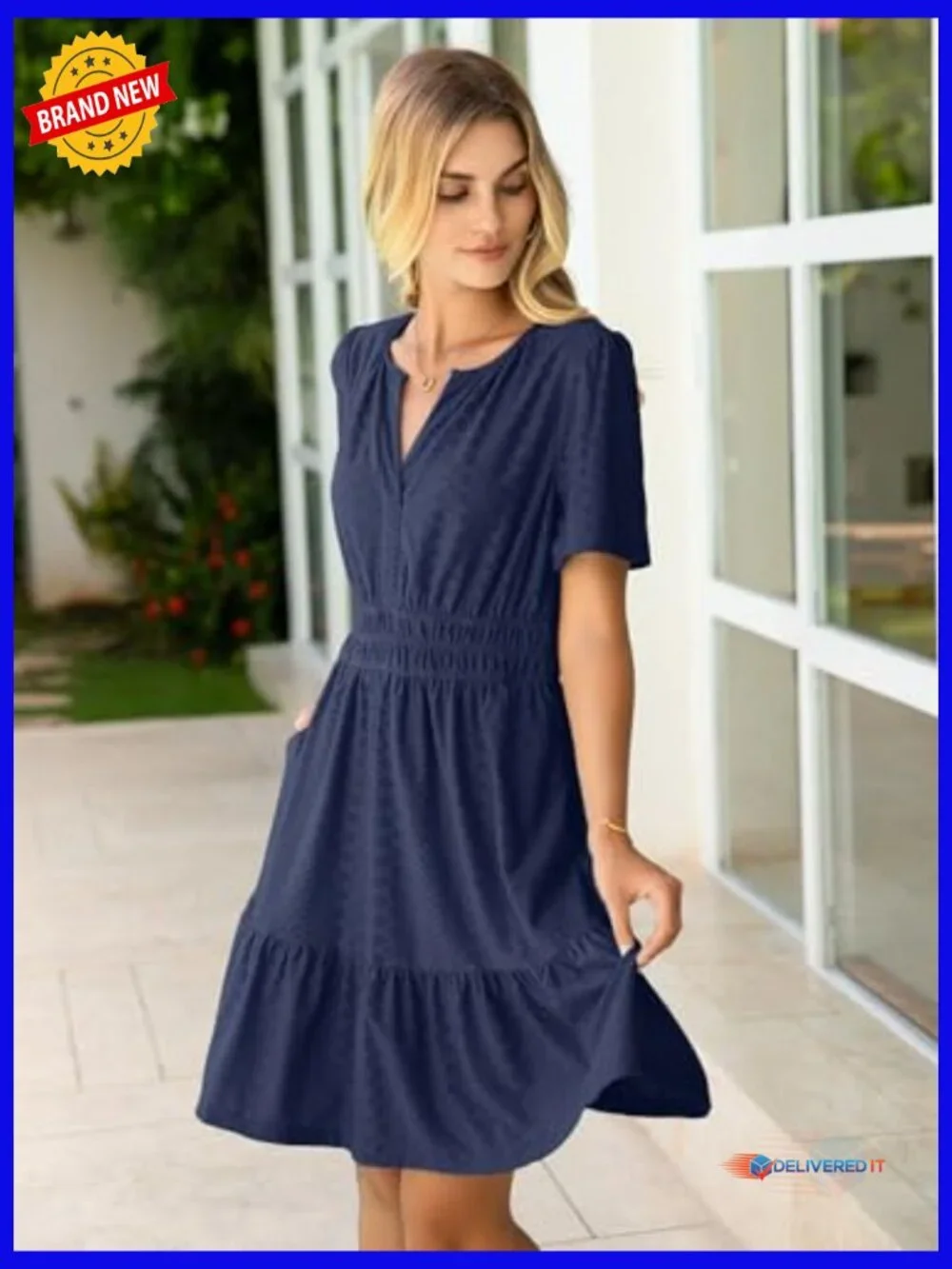 A-Line Mini Dress with Pockets Eyelet Short Sleeve Casual Summer Dress - Picture 2 of 7